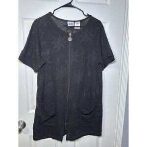 Beach Cabana Women’s Short Sleeve Mesh Zip Up Swimsuit Cover Black Size Medium